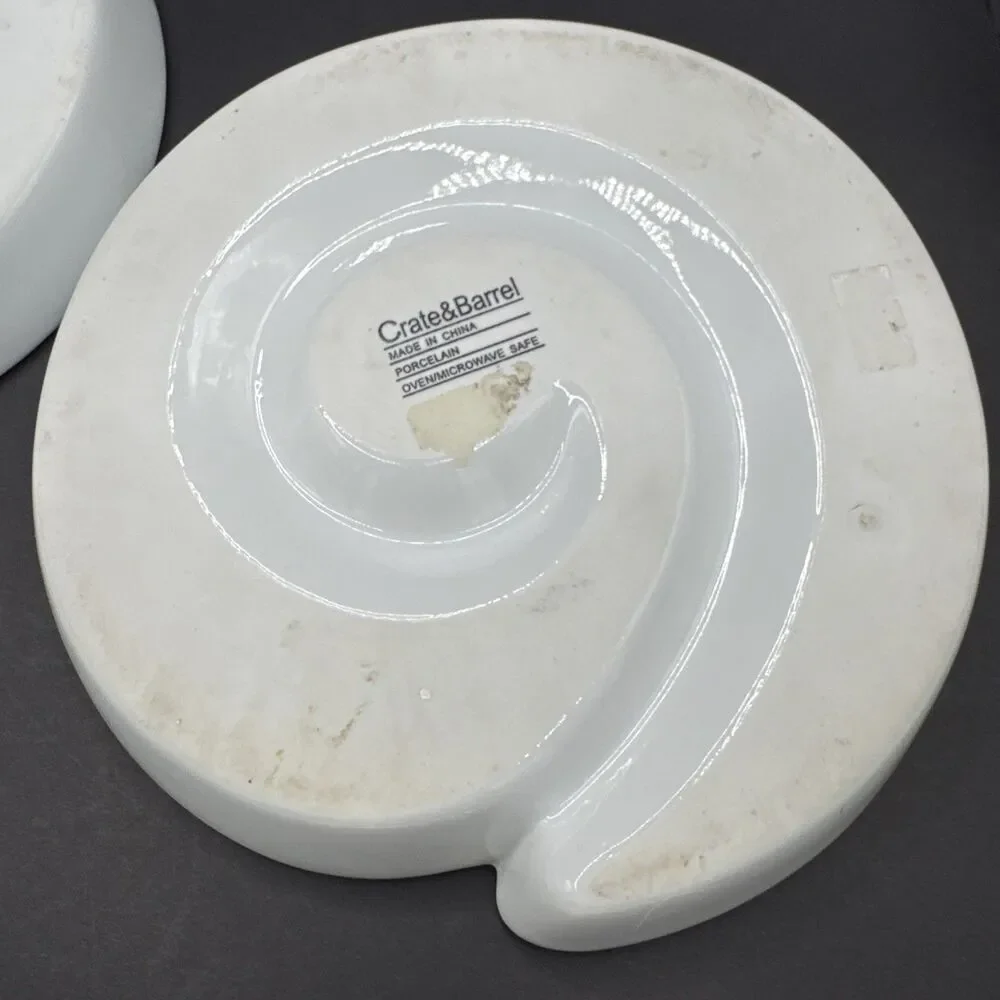 Set of 2 Crate and Barrel White Porcelain Swirl Appetizer Dishes 7